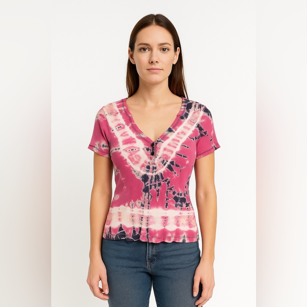Meko Tie Dye  Pink/Navy/White Henley V-Neck short-sleeved shirt.  Size M H4
